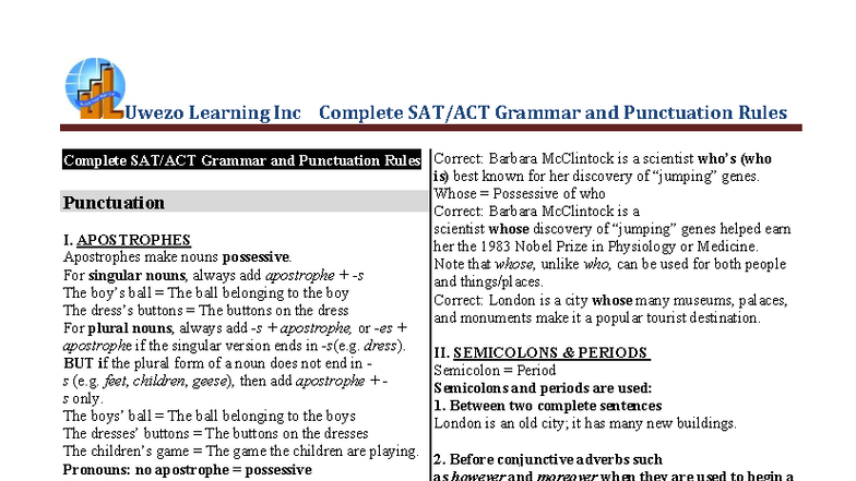 Uwezo Learning Inc SAT Grammar & Punctuation Rules Guide - Studocu