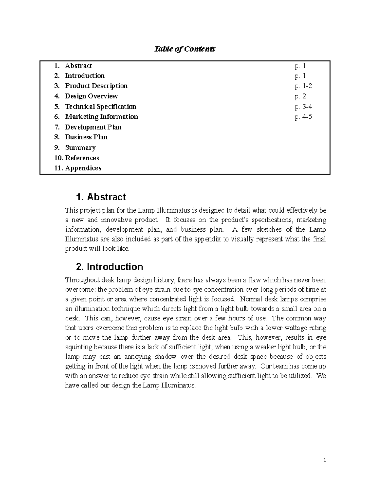 C4 Project Plan V1 - Table of Contents Abstract p. 1 Introduction p. 1 ...