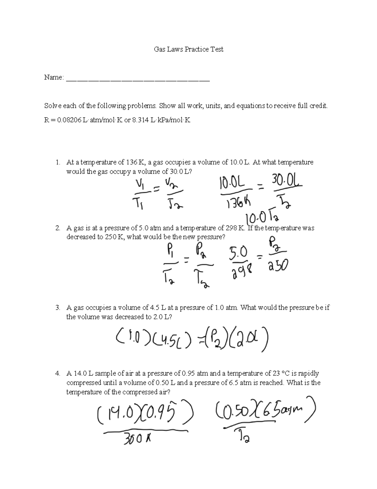 Gas Laws Practice Test (CHEM101) - Problem Solving Guide - Studocu