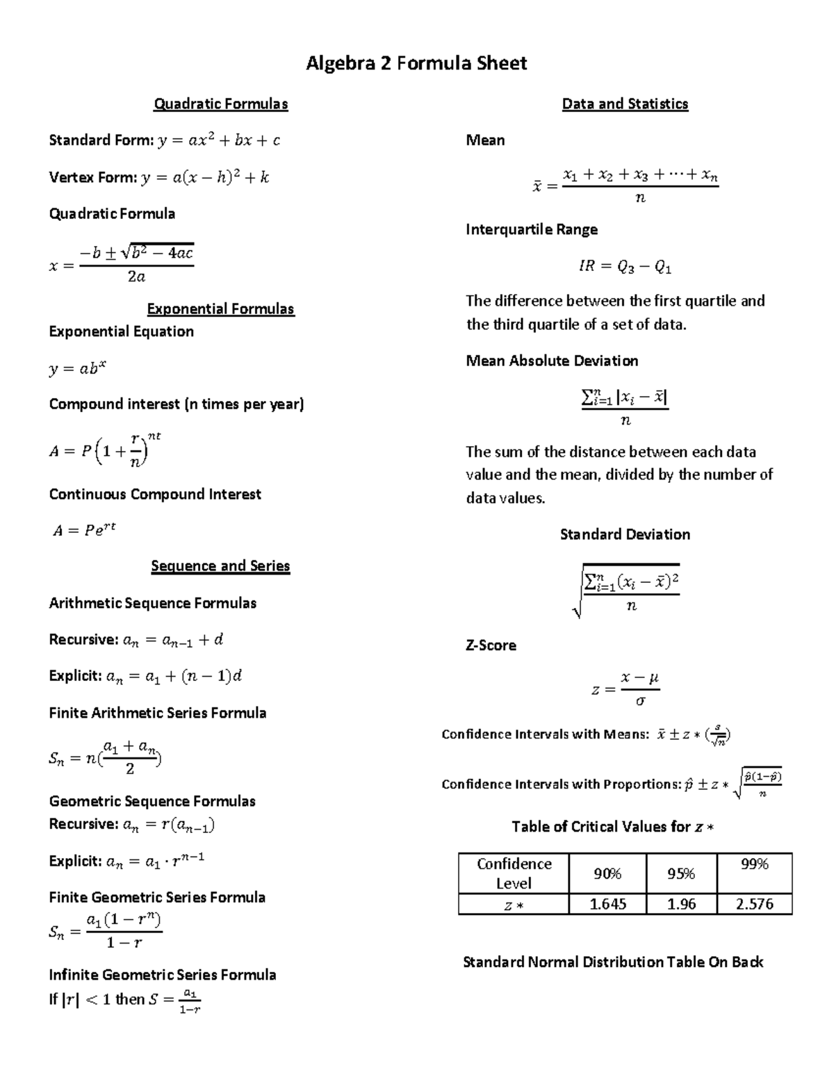 Algebra II Formula Sheet for Quick Reference (Algebra 2) - Studocu