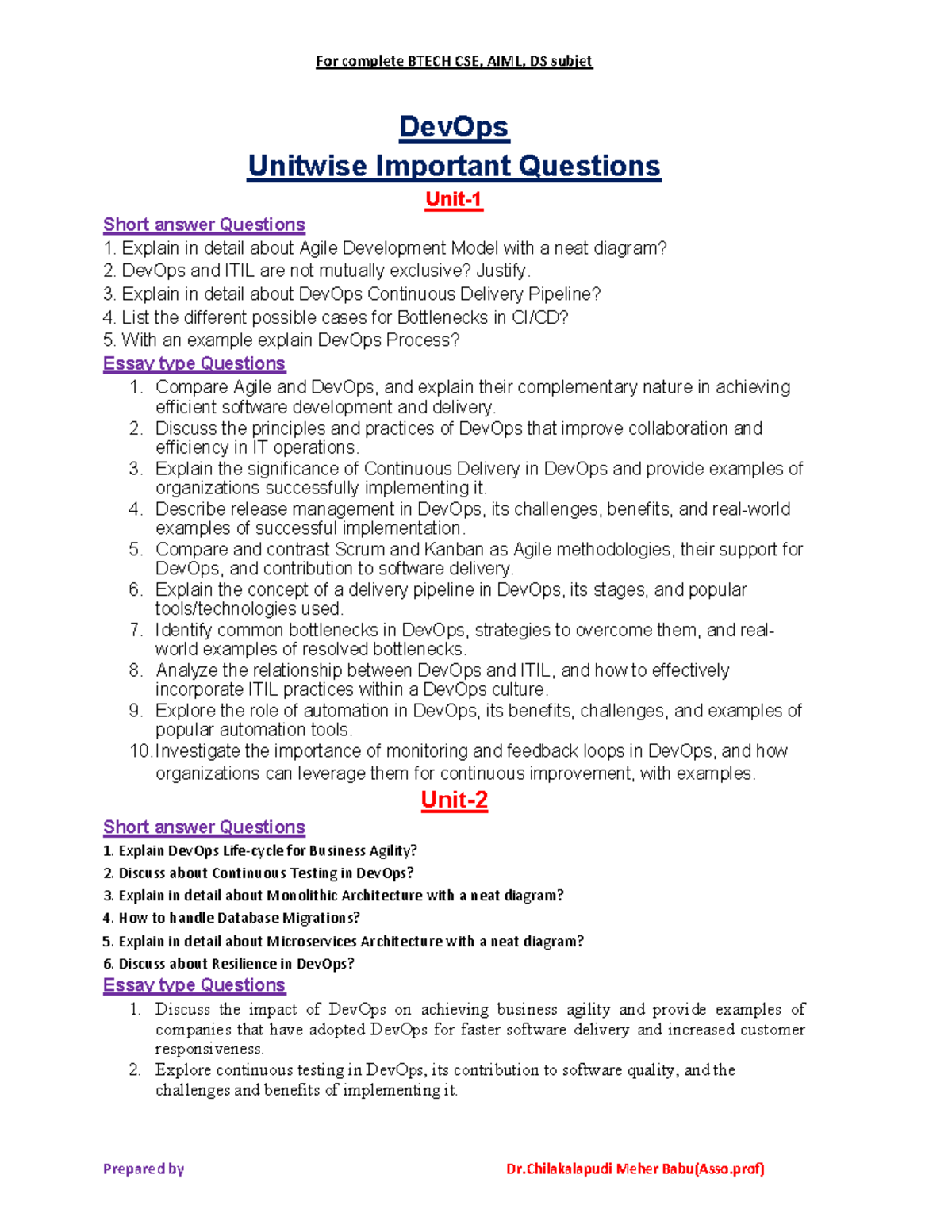 DevOps Unitwise Important Questions for BTECH CSE, AIML, DS - Studocu