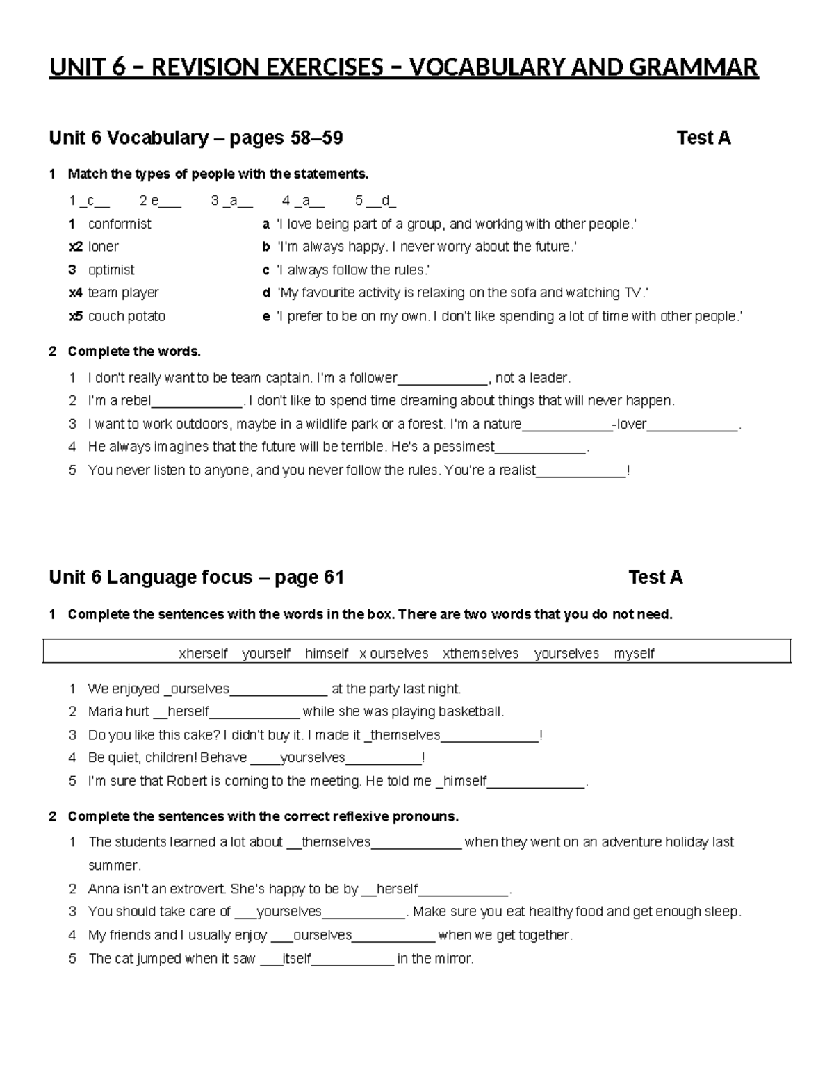 UNIT 6 REVISION EXERCISES: VOCABULARY & GRAMMAR TEST - Studocu
