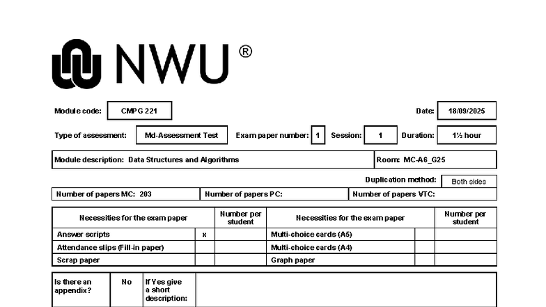 CMPG 221 New Mid Assessment Test Memo 1: Data Structures & Algorithms ...