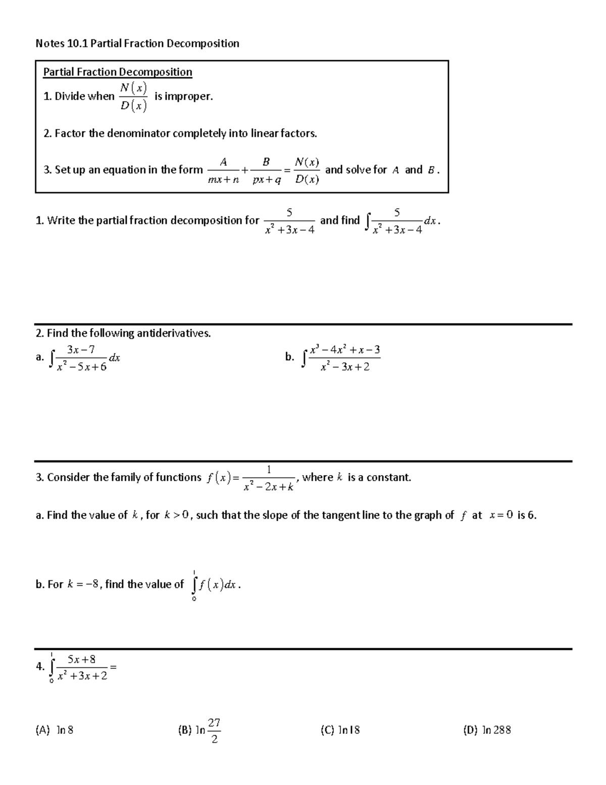 10.1 Partial Fraction Decomposition Notes and Antiderivatives - Studocu