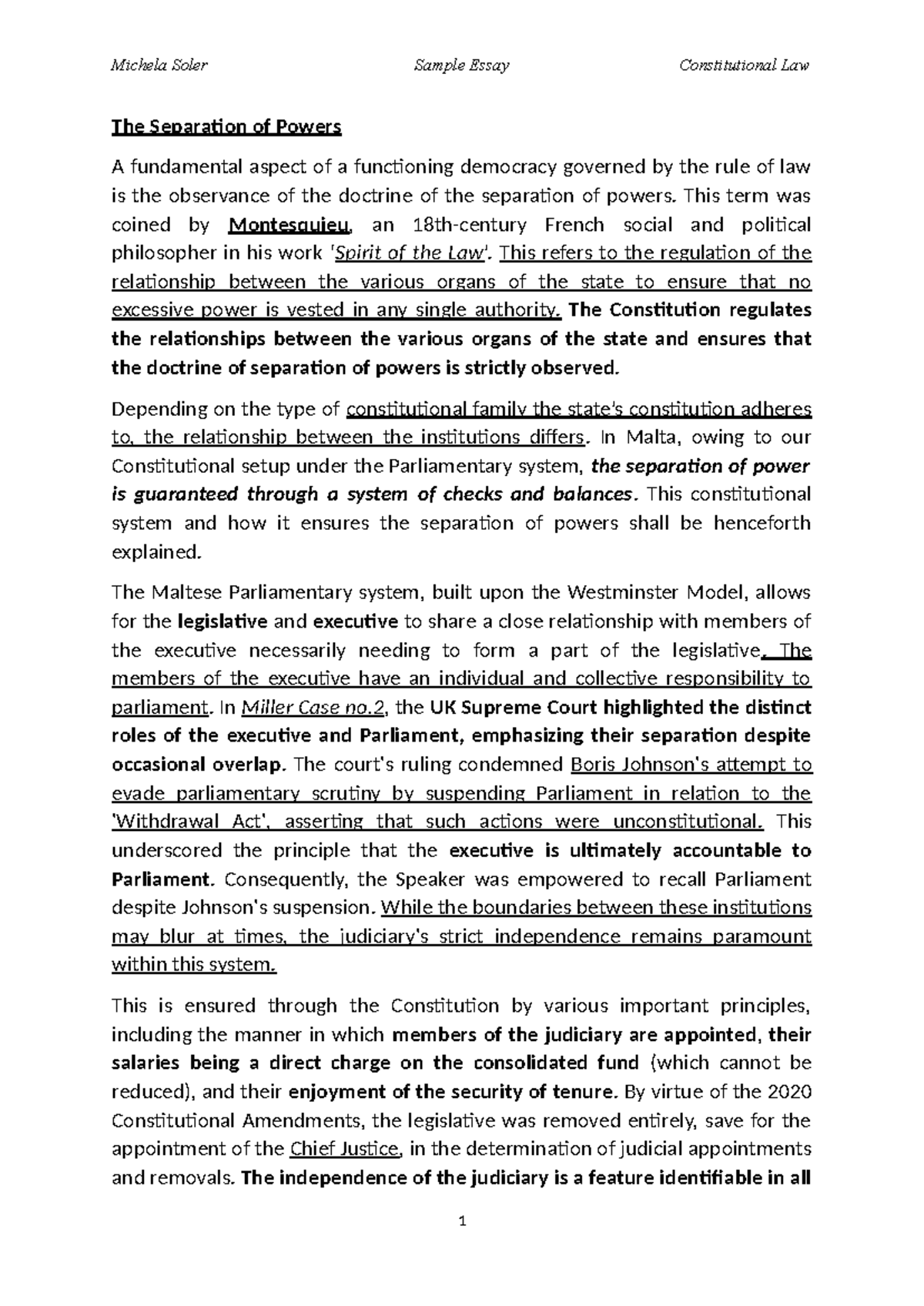 Constitutional Law Essay: The Separation of Powers Explained - Studocu