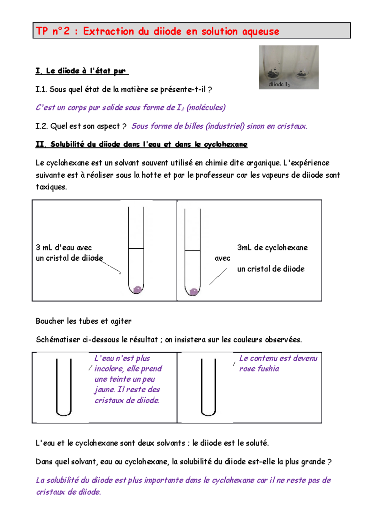 TP n°2 : Extraction du Diiode en Solution Aqueuse et Miscibilité - Studocu