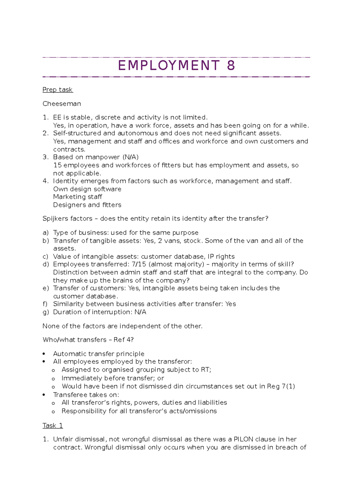 Employment Law & Practice - Workshop 8 - EMPLOYMENT 8 Prep task ...
