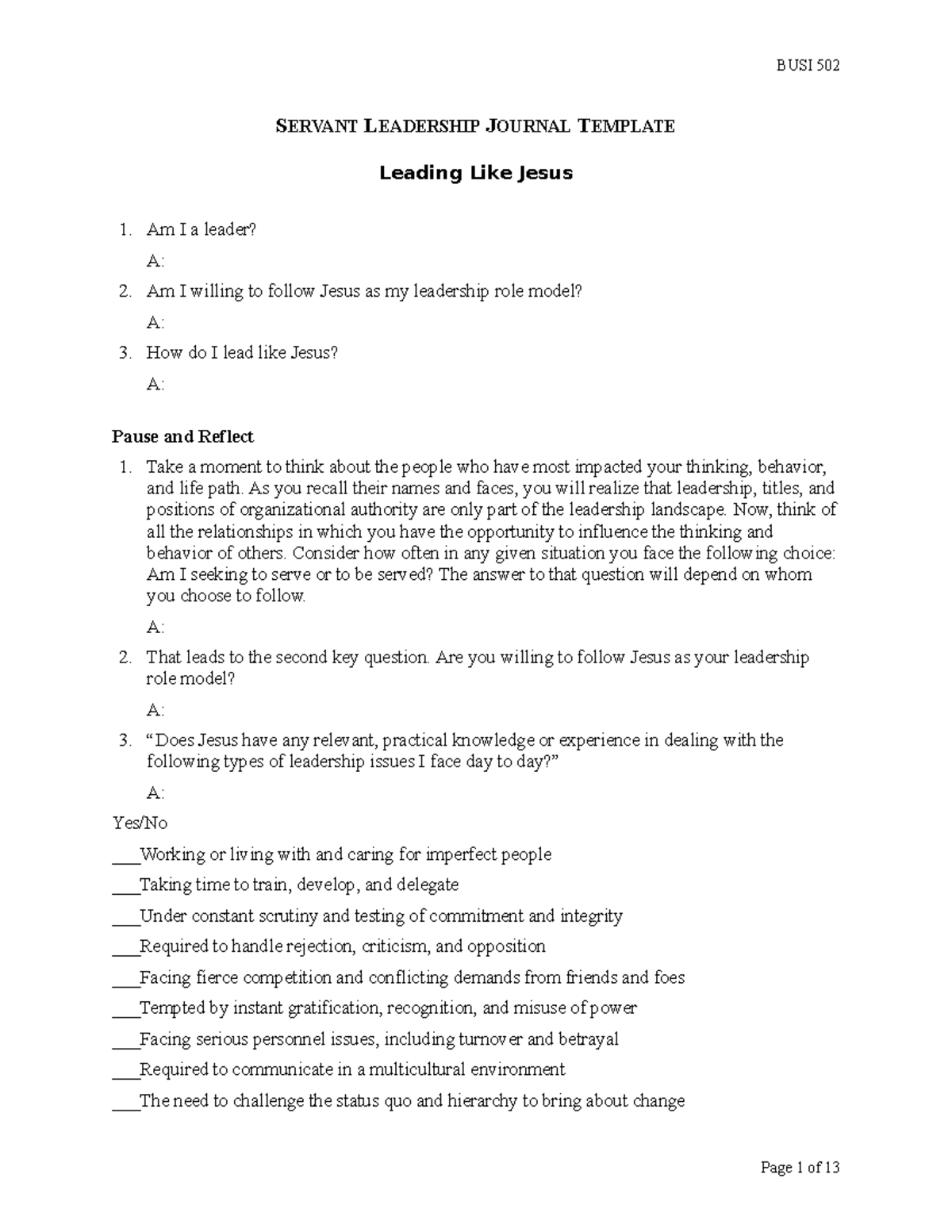 Servant Leadership Journal Template: Reflective Insights and Growth ...