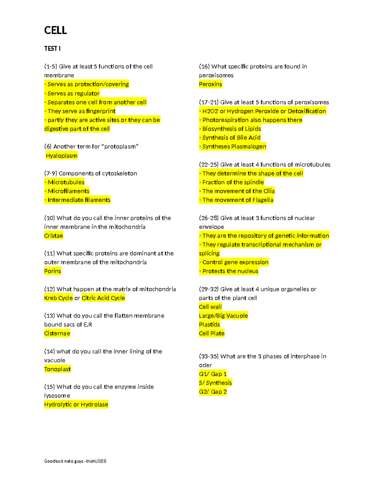 CELL-QUIZ- Reviewer - CELL TEST I (1-5) Give at least 5 functions of ...