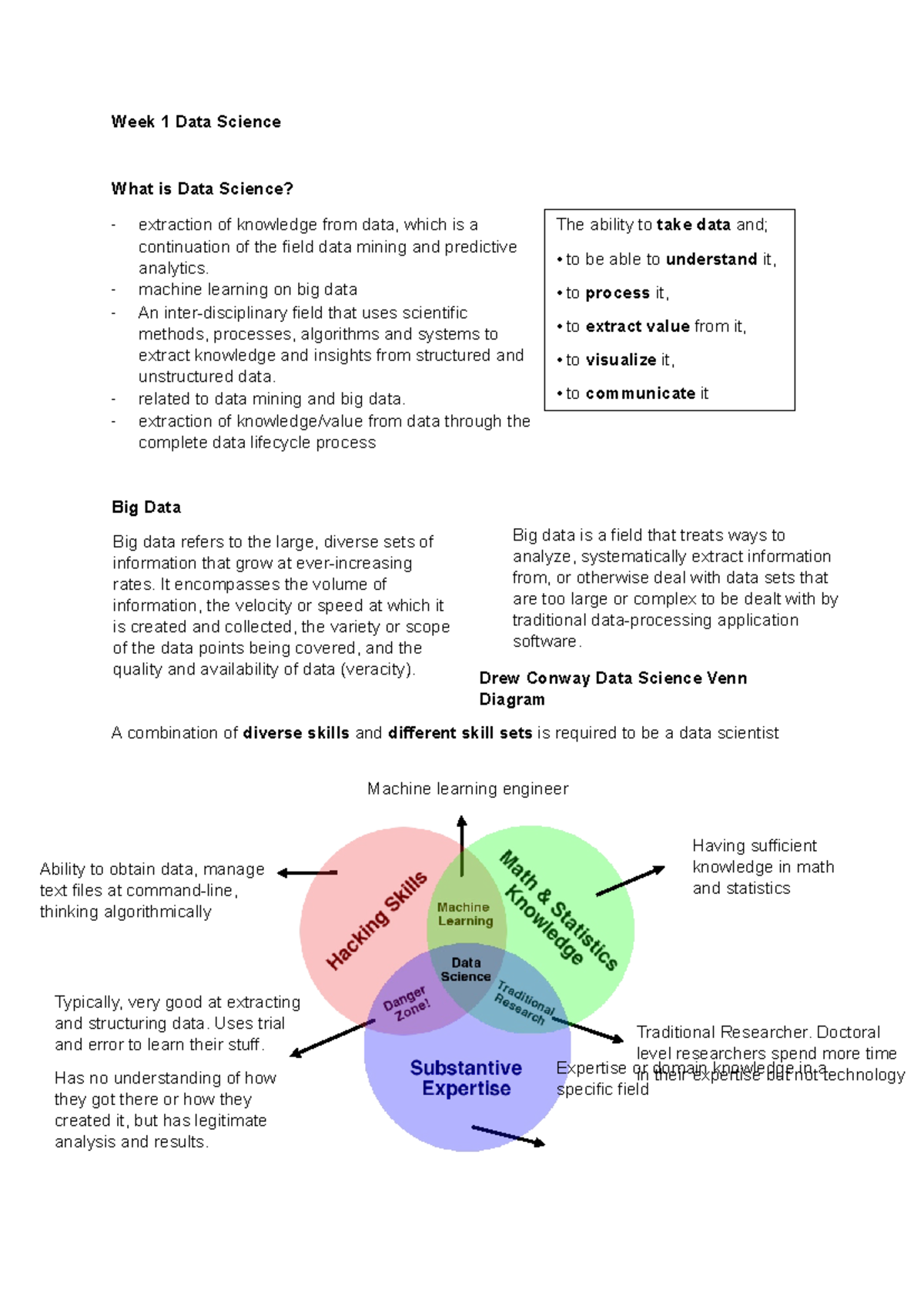 Revision notes - Week 1 Data Science What is Data Science? Big Data ...