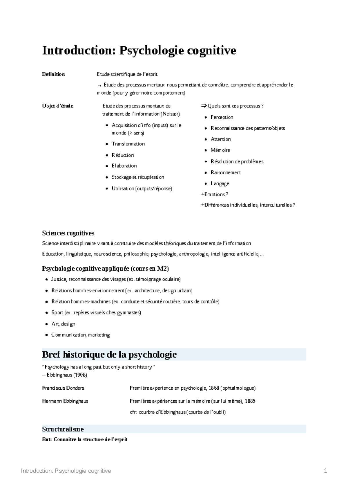 Introduction à la Psychologie Cognitive: Concepts et Méthodes - Studocu