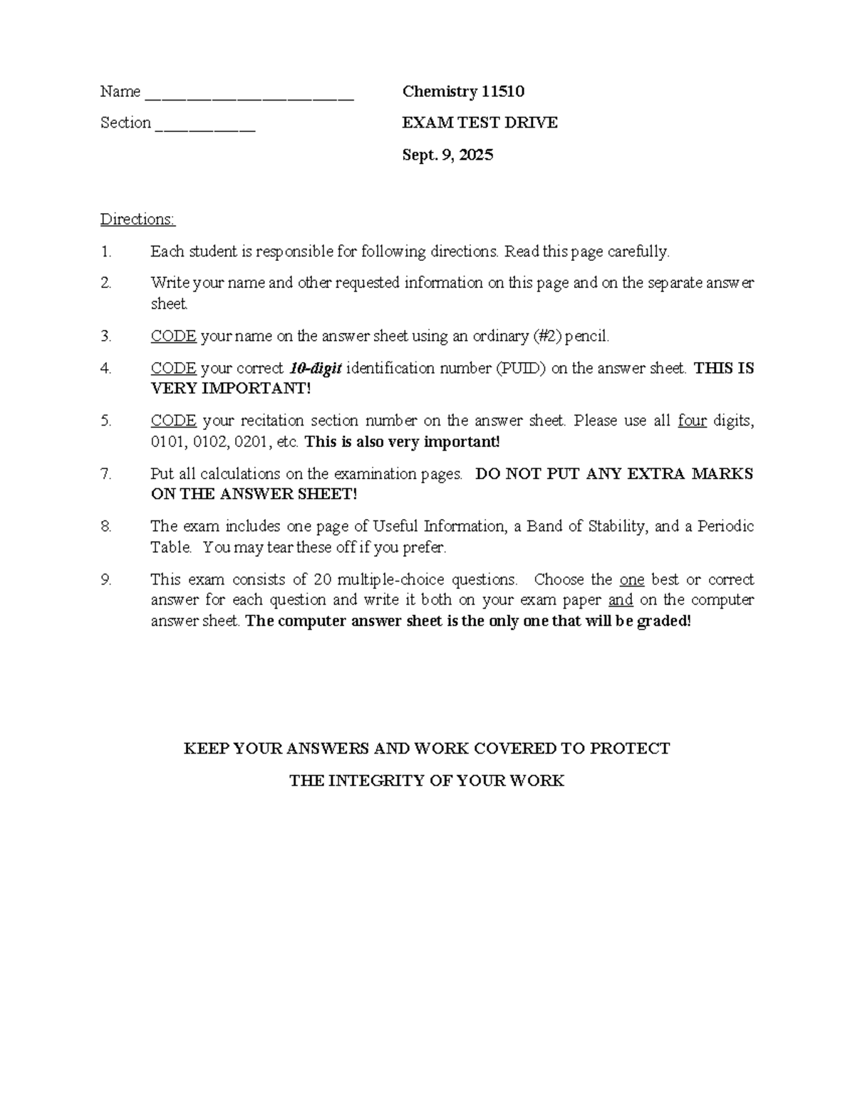 CHM 11510 Sample Exam Test Drive - Fall 2025 - Document Preview