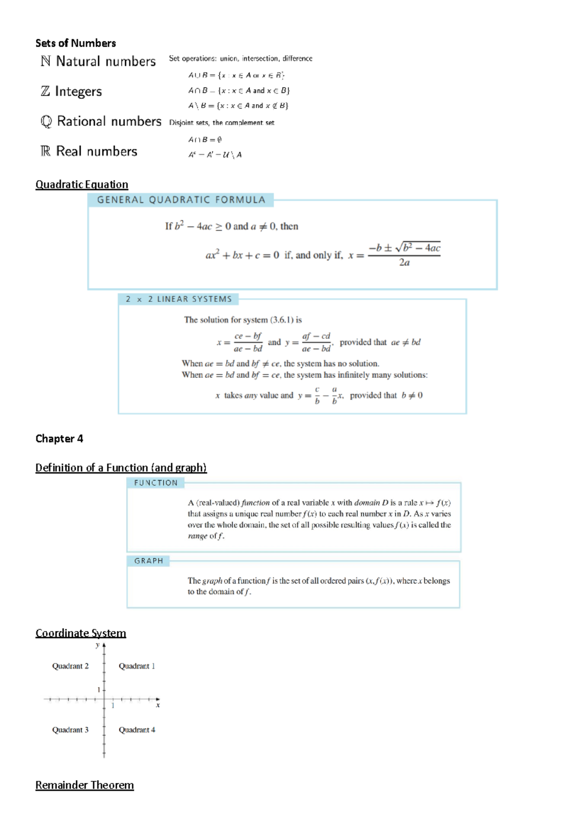 Formula Sheet - Sets of Numbers Quadratic Equation Chapter 4 Definition ...