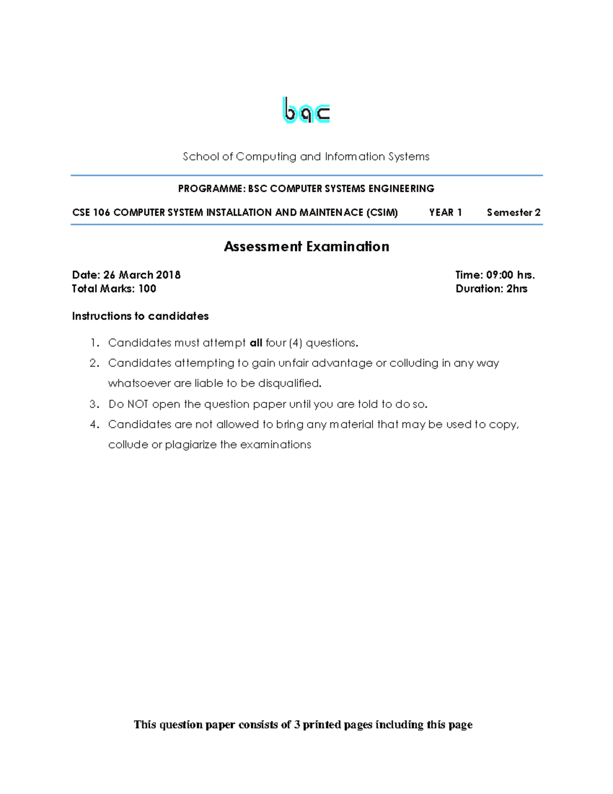 CSE 106 Computer Systems Installation & Maintenance Exam - March 2018 ...