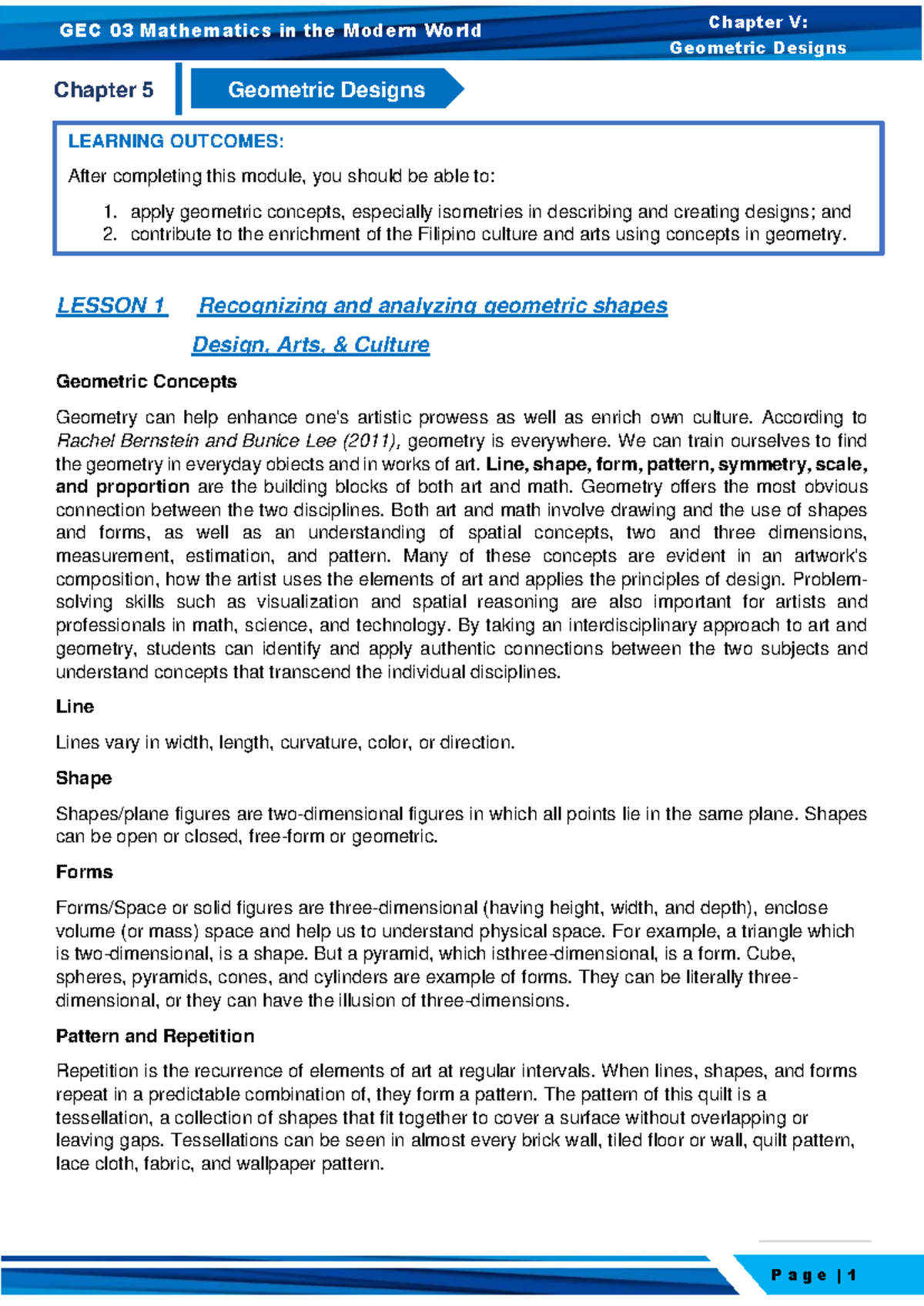 GEC 03 Mathematics in the Modern World: Chapter V - Geometric Designs ...