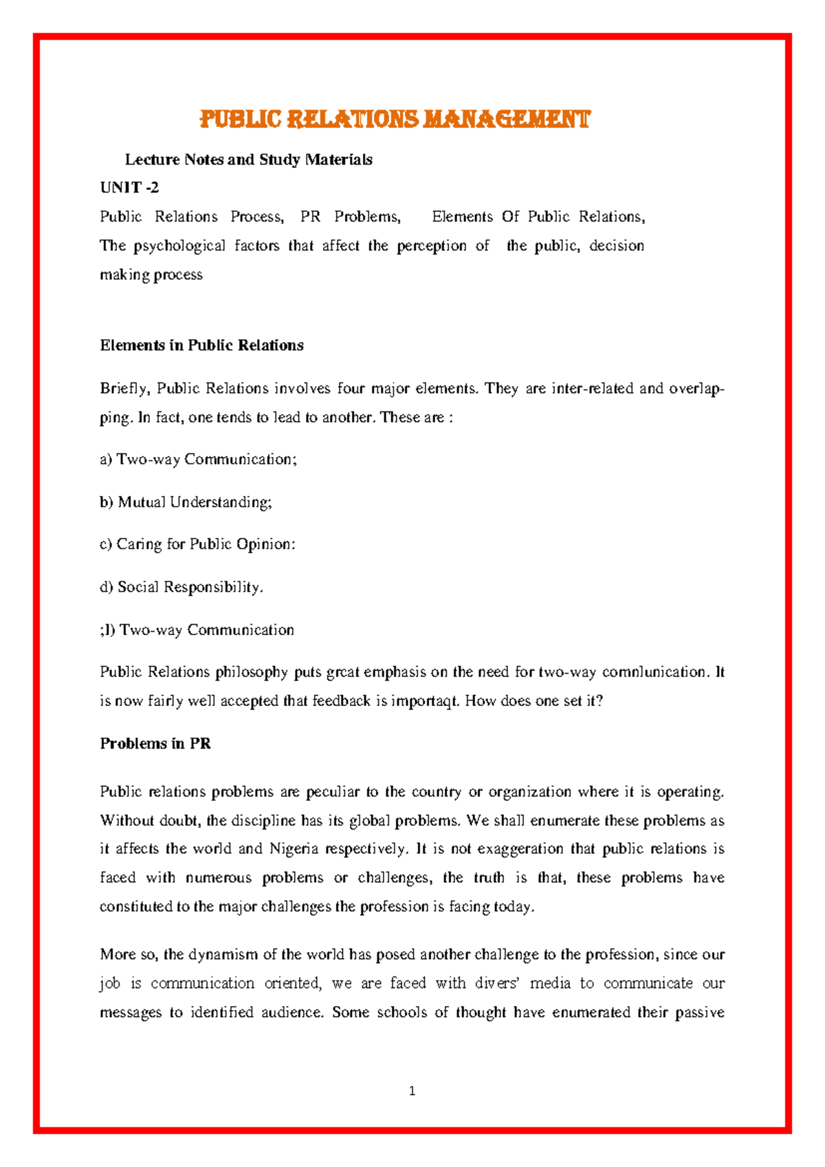 Public Relations Management (P16MBA4EH4): Lecture Notes & Key Elements ...