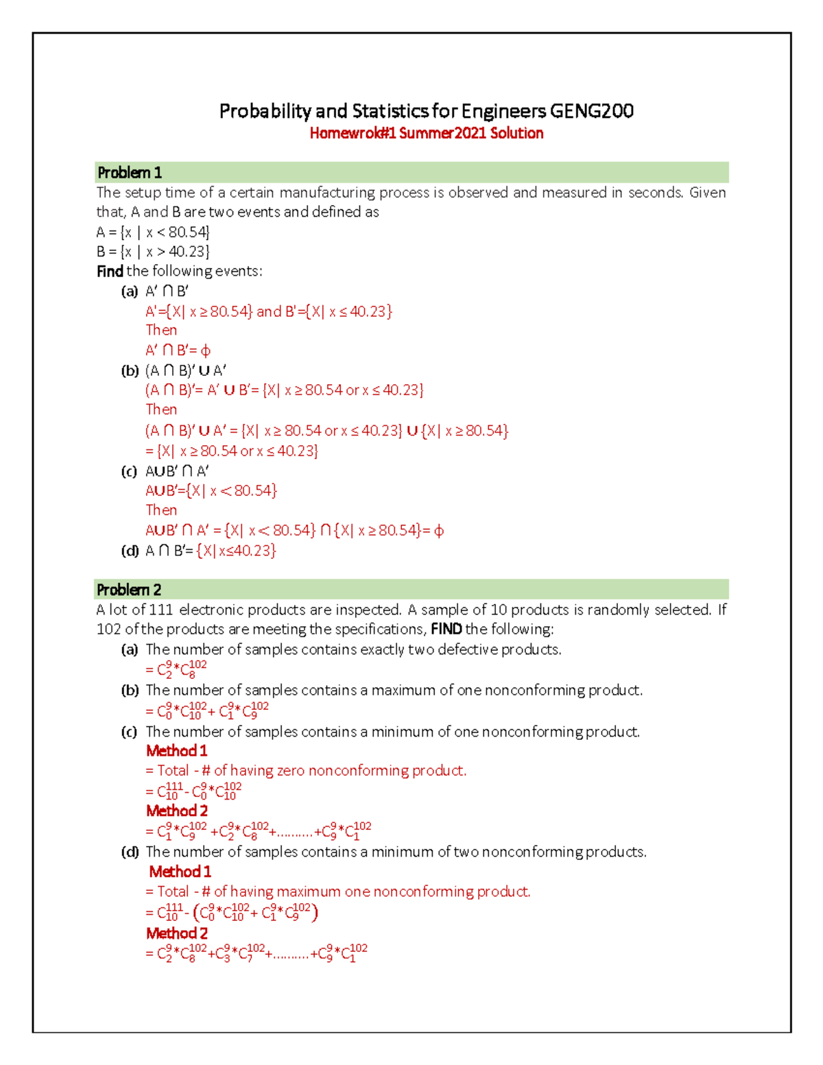 GENG 101 Homework 1 Solutions - Probability and Statistics (Summer 2021 ...