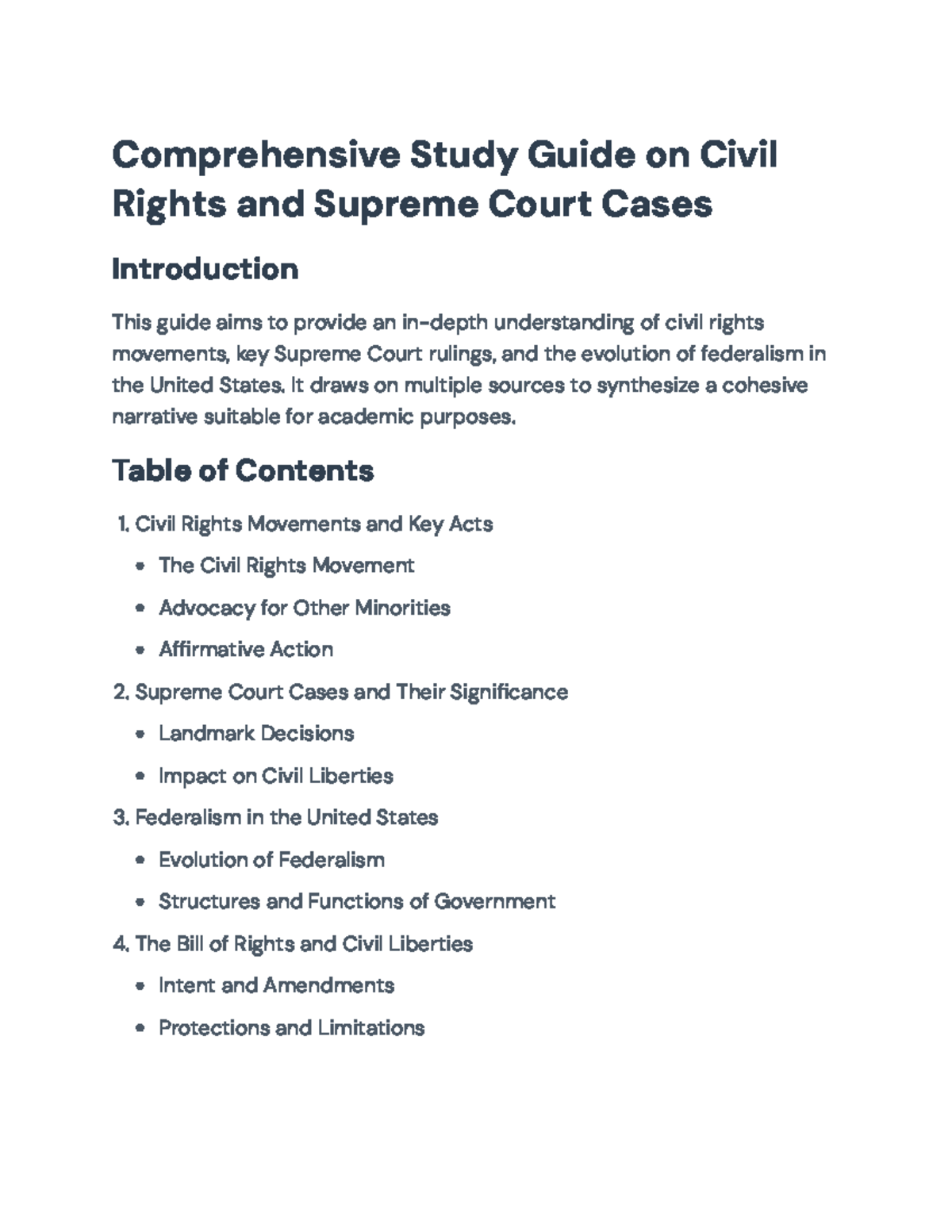 Comprehensive Study Guide: Civil Rights, Federalism & Supreme Court ...