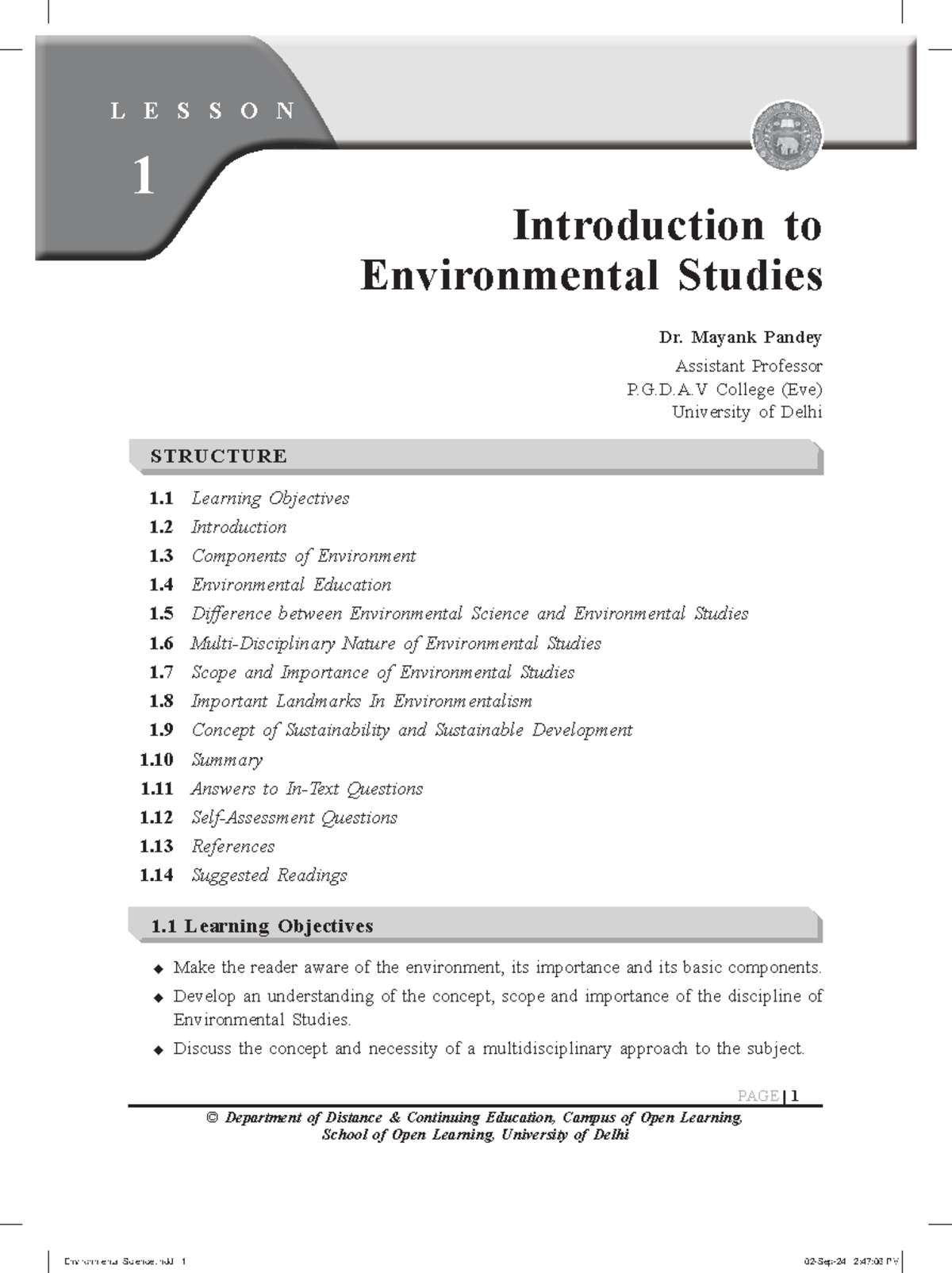 Lesson 1: Introduction to Environmental Studies (ENV 101) - Studocu