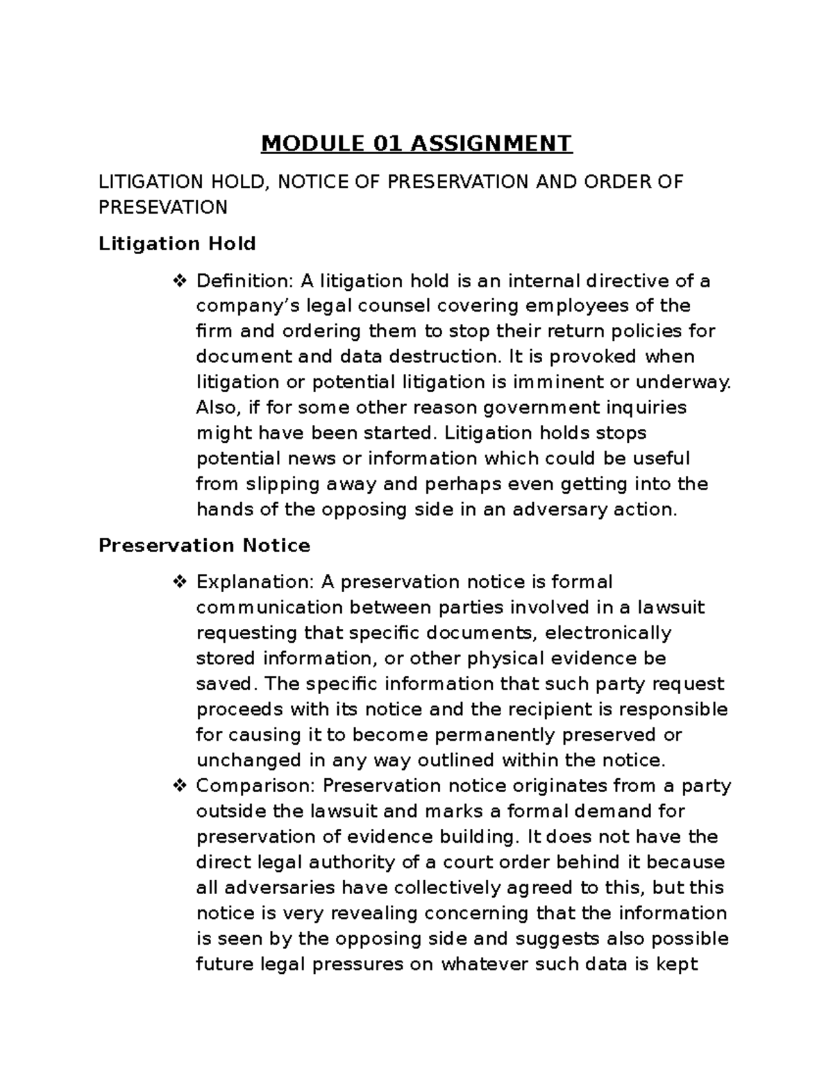 MOD01 Assignment: Understanding Litigation Holds & Preservation Orders ...