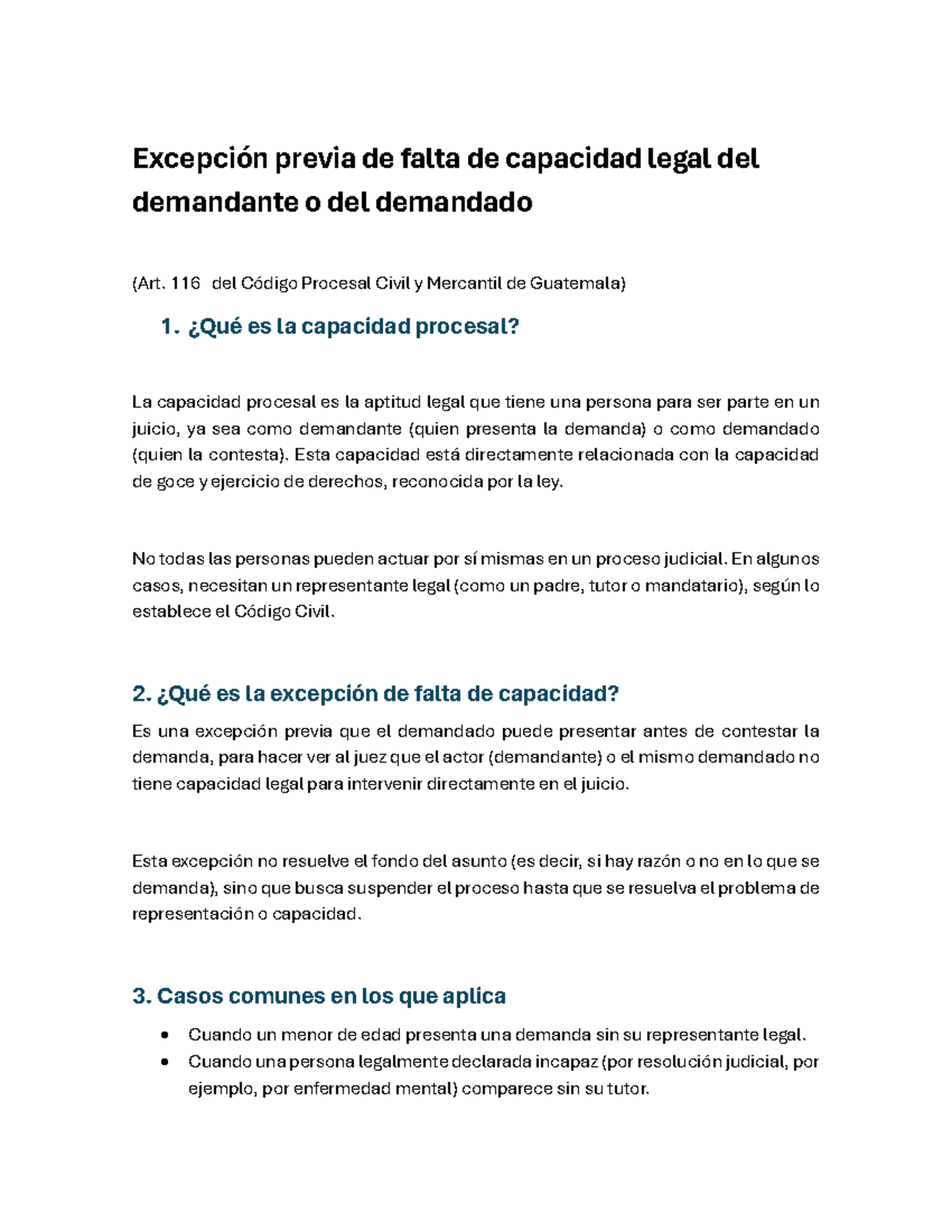Excepci n previa de falta de capacidad legal en juicios art 116 cpc