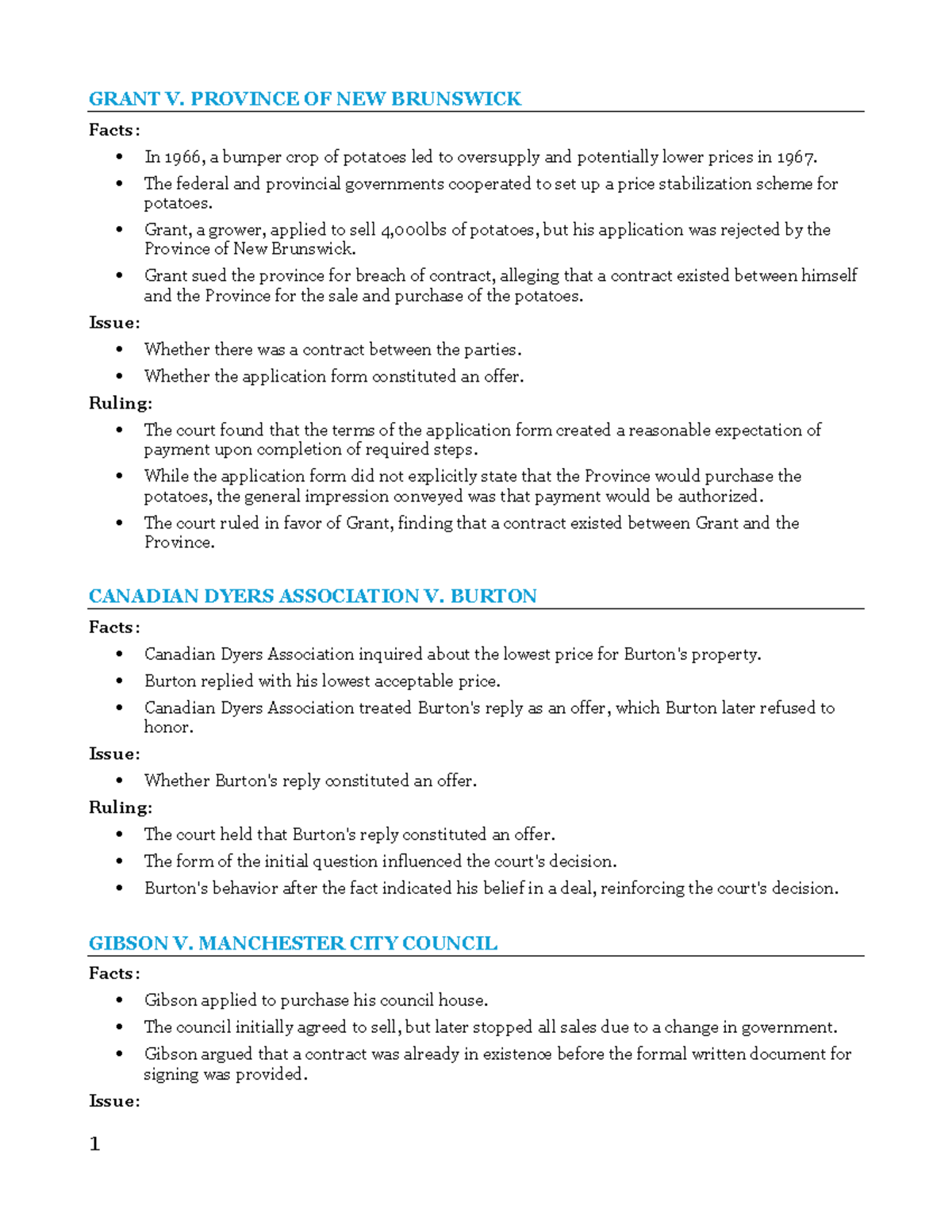 Contract Law Case Summaries: Key Rulings and Principles - Studocu