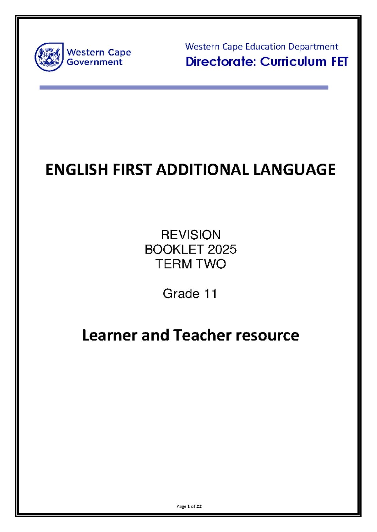 English FAL Grade 11 Revision Booklet: Term 2 2025 - Studocu