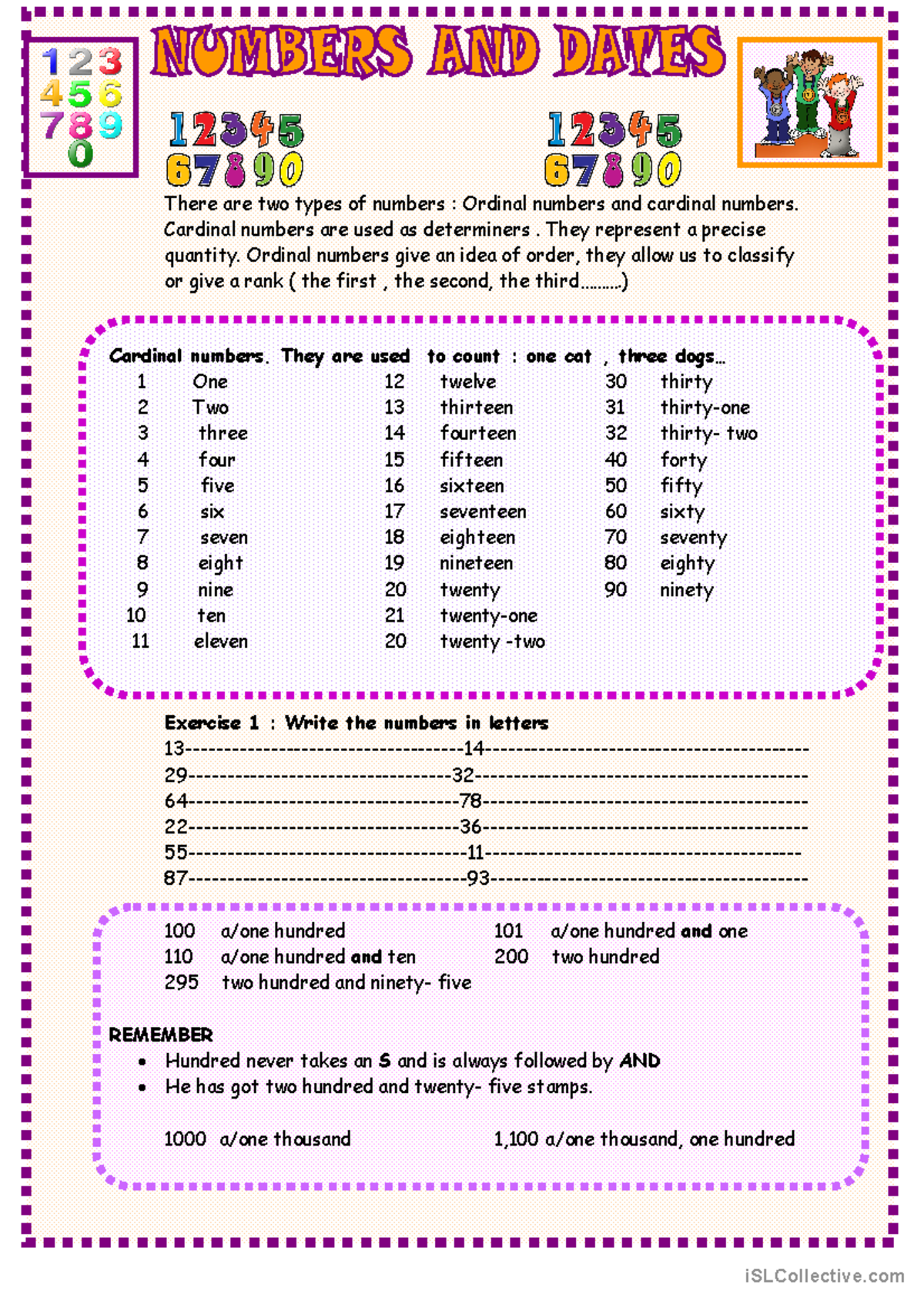 Numbers and Dates Lesson with Exercises: Understanding Ordinal and ...