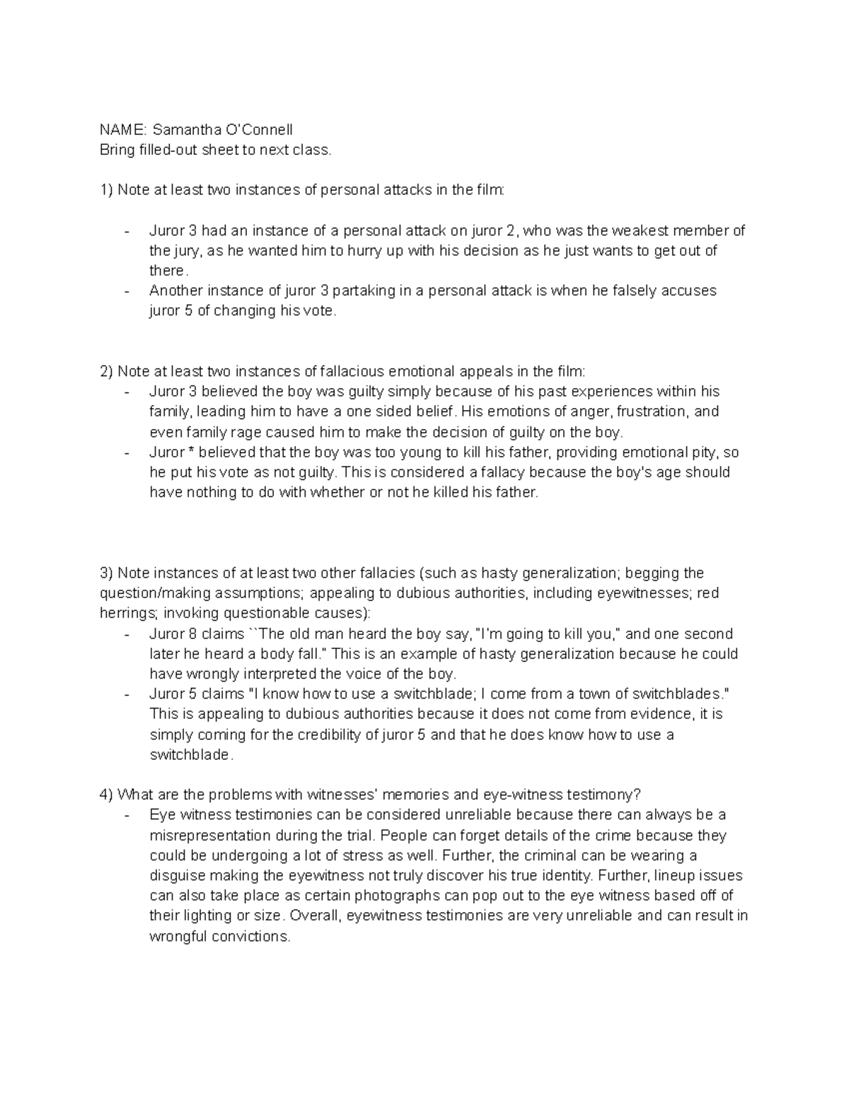 12 Angry Men Worksheet - NAME: Samantha O’Connell Bring filled-out ...