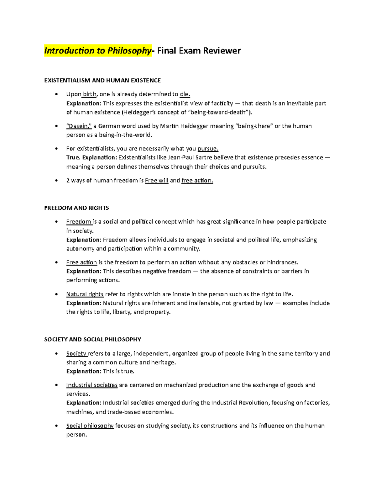 Philosophy 101 Final Exam Reviewer On Existentialism Society Studocu
