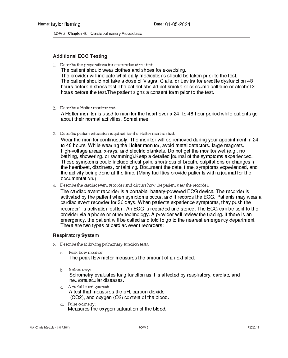 MA104 ROW 2 Chapter 48 Cardiopulmonary Procedures Review - Studocu