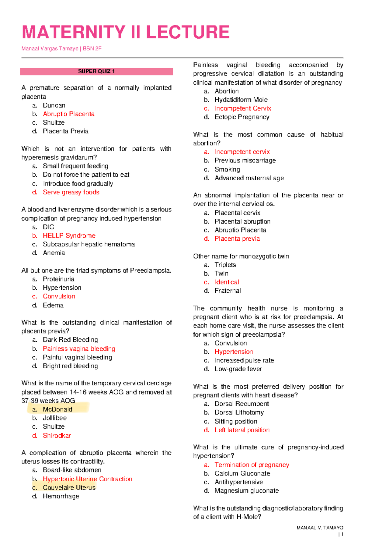 Maternity Super Quiz 1 &amp; 2 Review with Answers | BSN 2F - Studocu