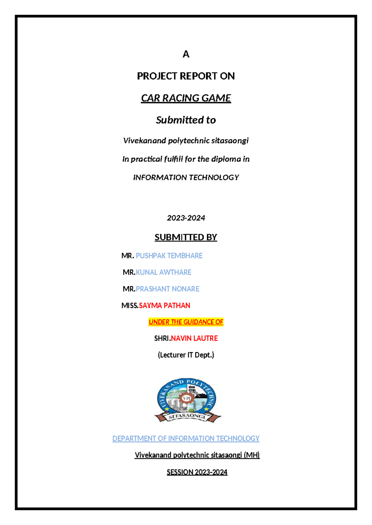 Car Racing Game Project Report (IT-2023) - Diploma Assignment - Studocu
