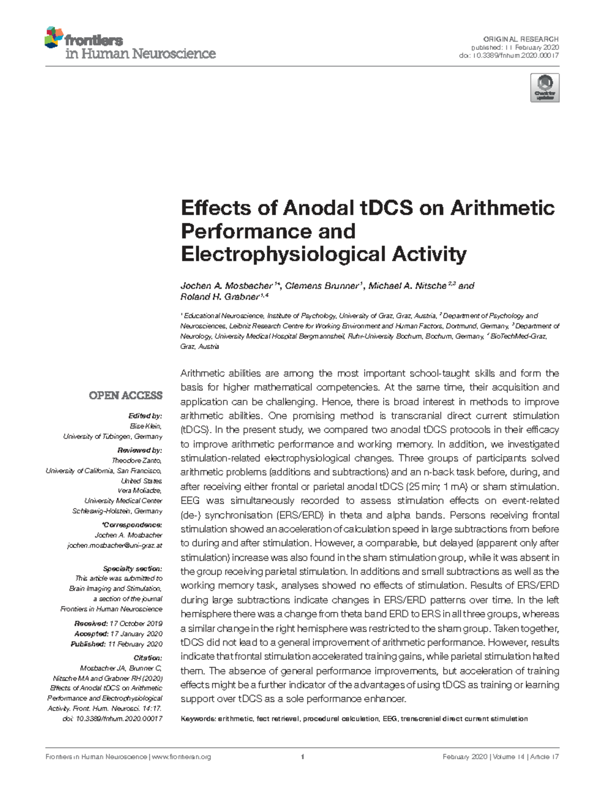 Effects of Anodal tDCS on Arithmetic Performance: A Study (FNHUM-14 ...
