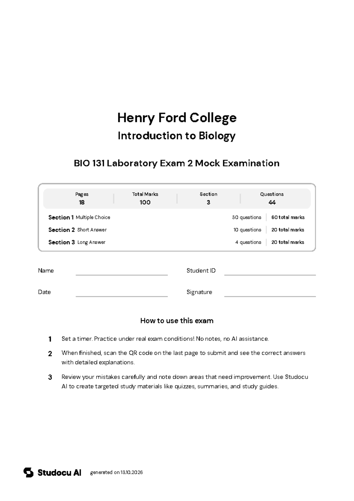 BIO 131 Mock Lab Exam 2: Microscope & Genetics - Studocu