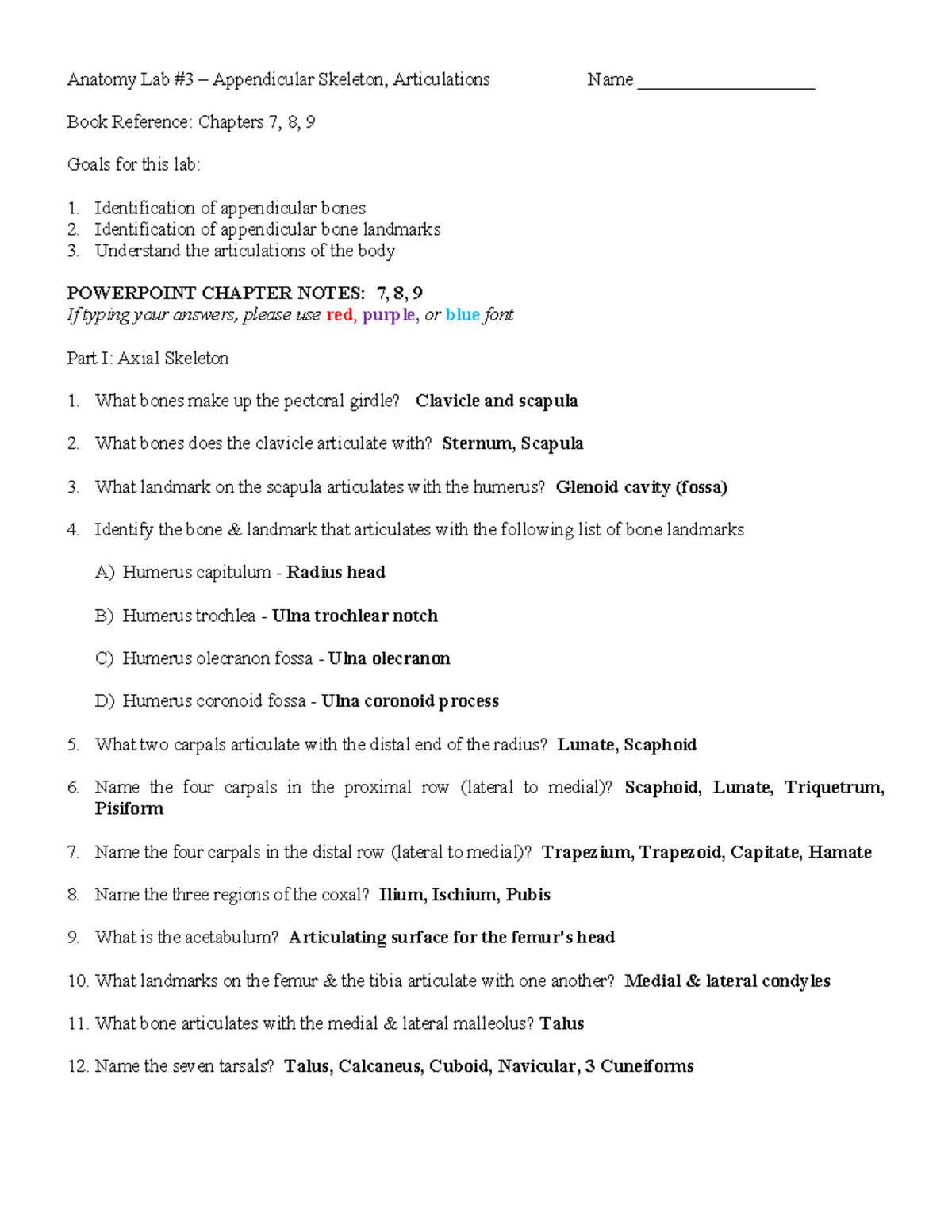 Human Anatomy Lab #3: Appendicular Skeleton and Articulations - Anatomy ...