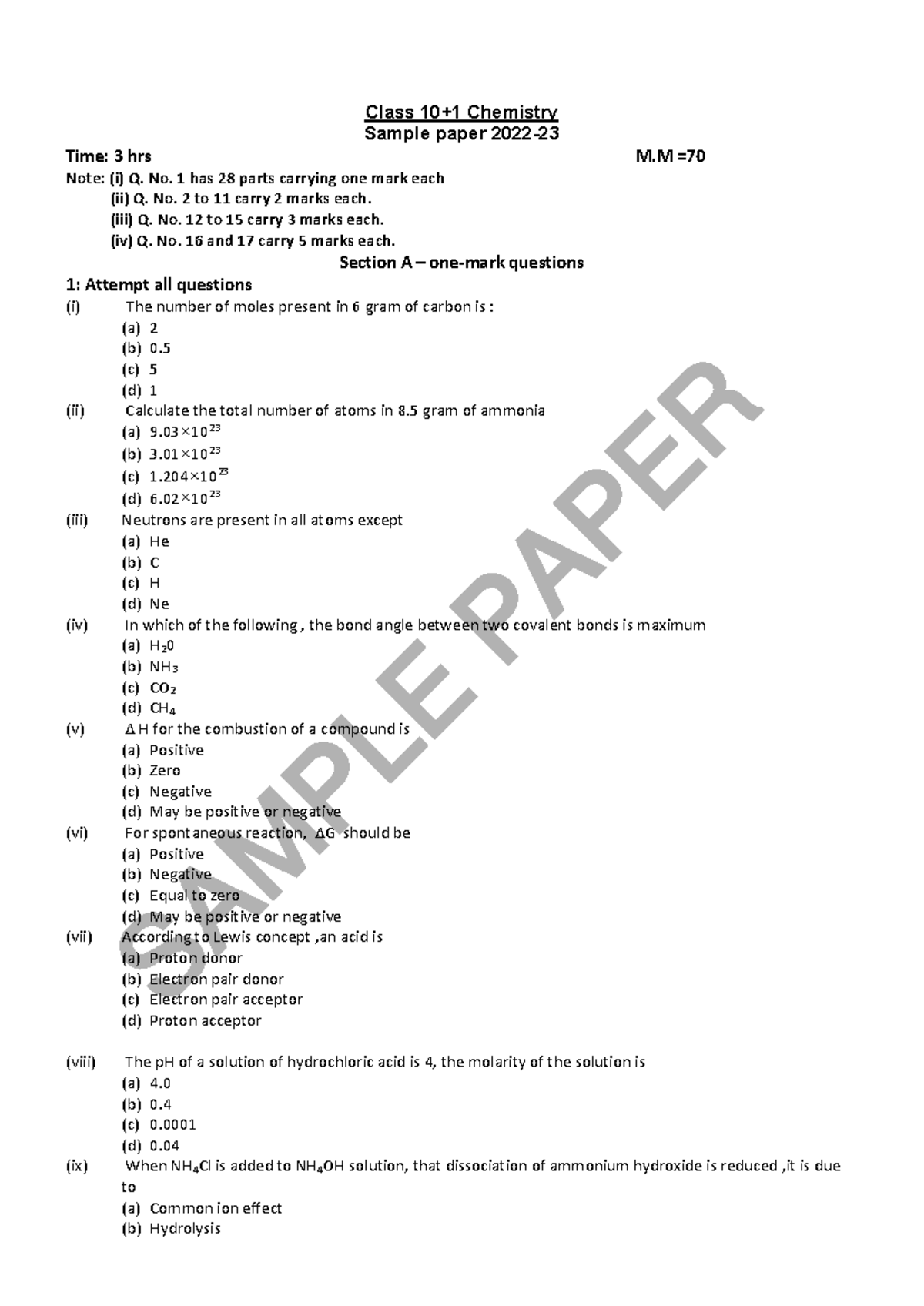 Chemistry Sample Paper (Class Chemistry) - 3 Hours Exam - Studocu