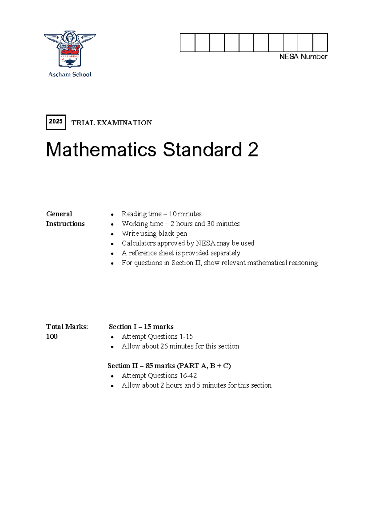 Ascham 2025 Mathematics Standard 2 Trial Exam & Solutions - Studocu