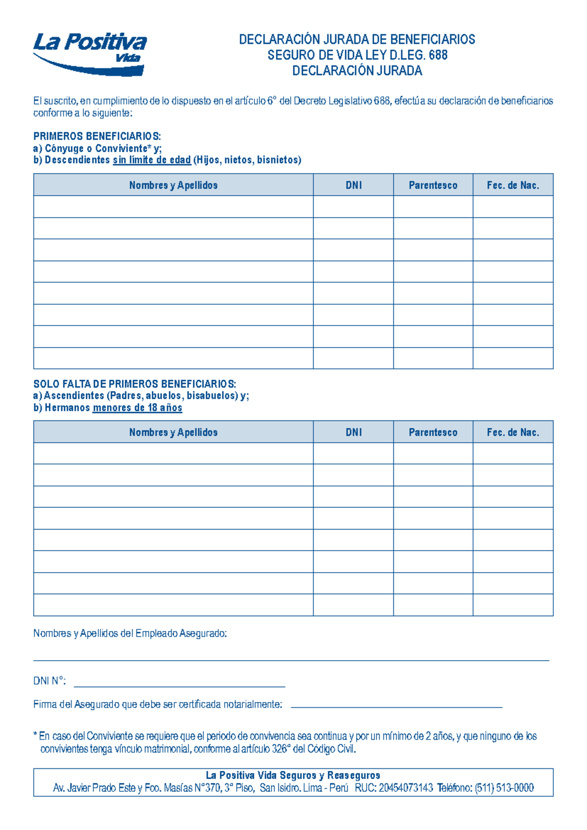 Declaración Jurada de Beneficiarios - Seguro de Vida Ley D.688 - Document Preview