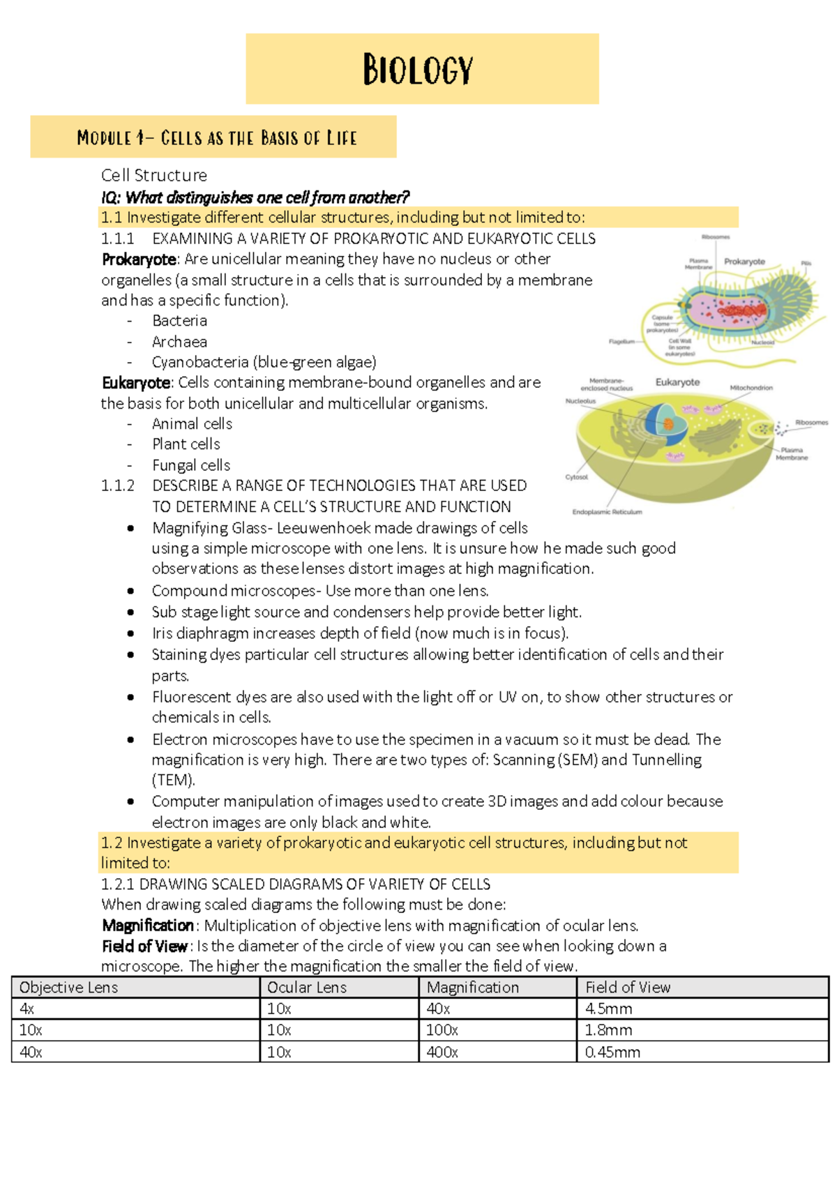 Biology Study Notes: Cell Structure and Function (BIO 101) - Studocu