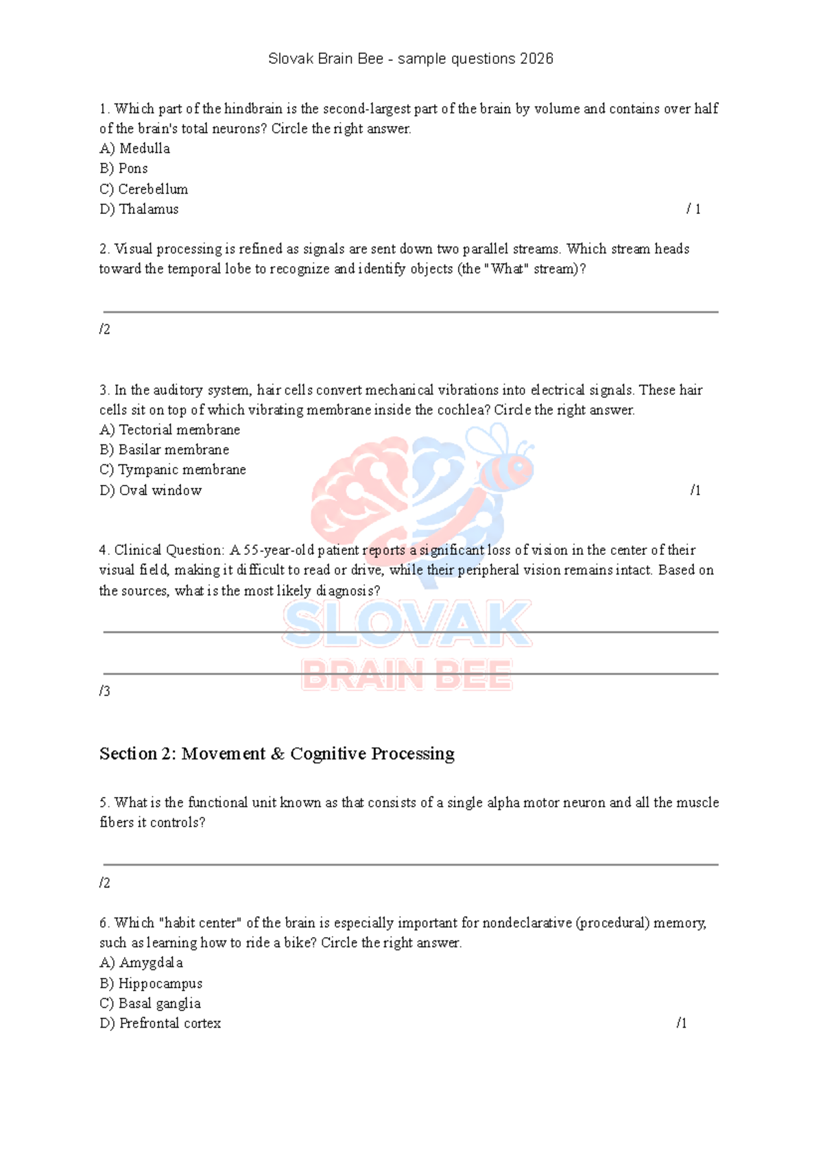 Slovak Brain Bee Sample Questions 2026 - Studocu