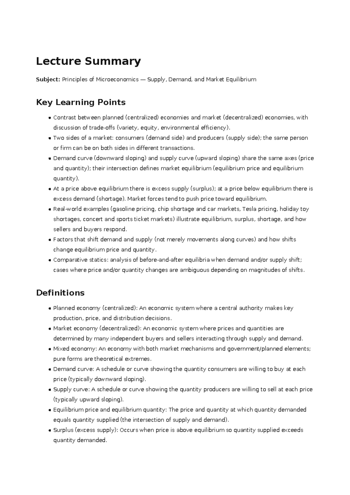 Lecture Summary: Principles of Microeconomics - Supply and Demand - Studocu