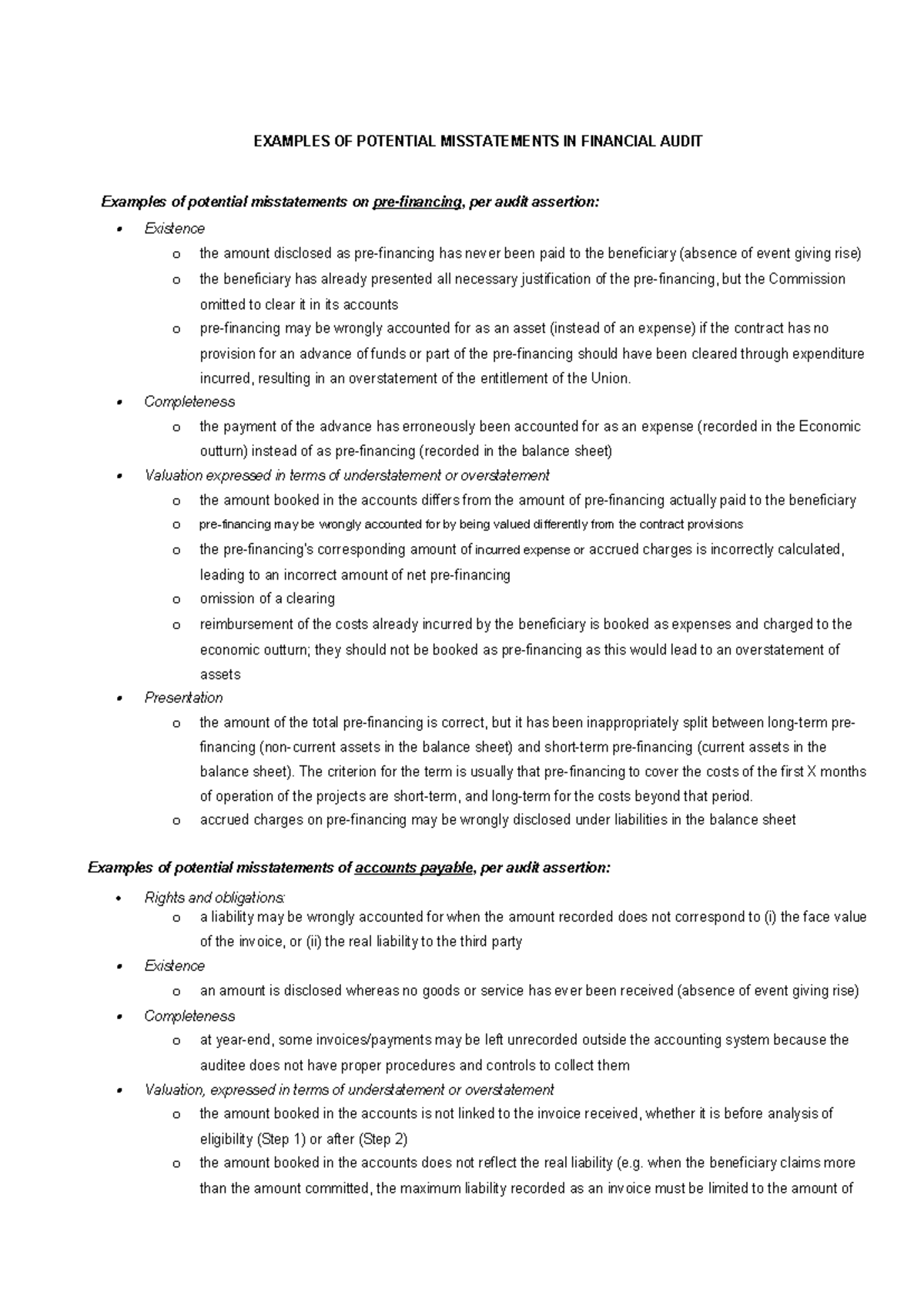 Potential misstatements in financial audit examples - EXAMPLES OF ...