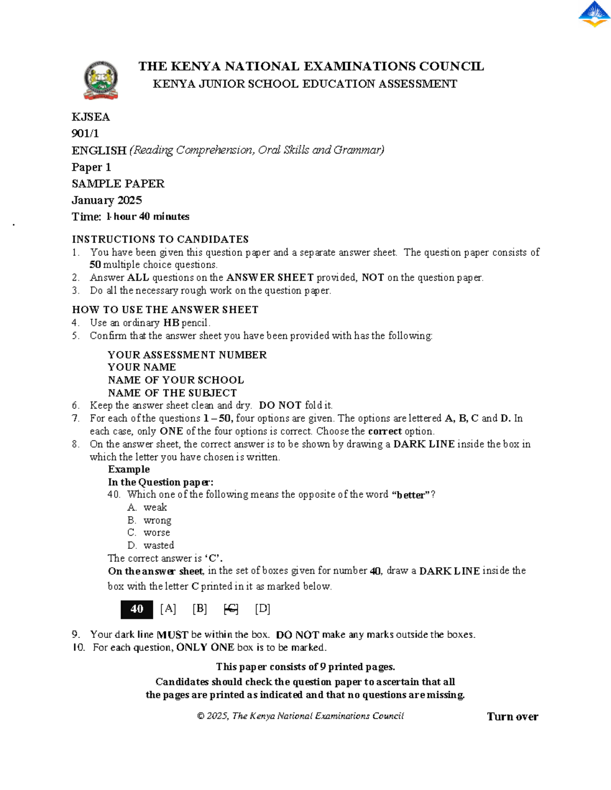 ENG KJSEA English Paper 1 Sample Questions and Practice Materials - Studocu