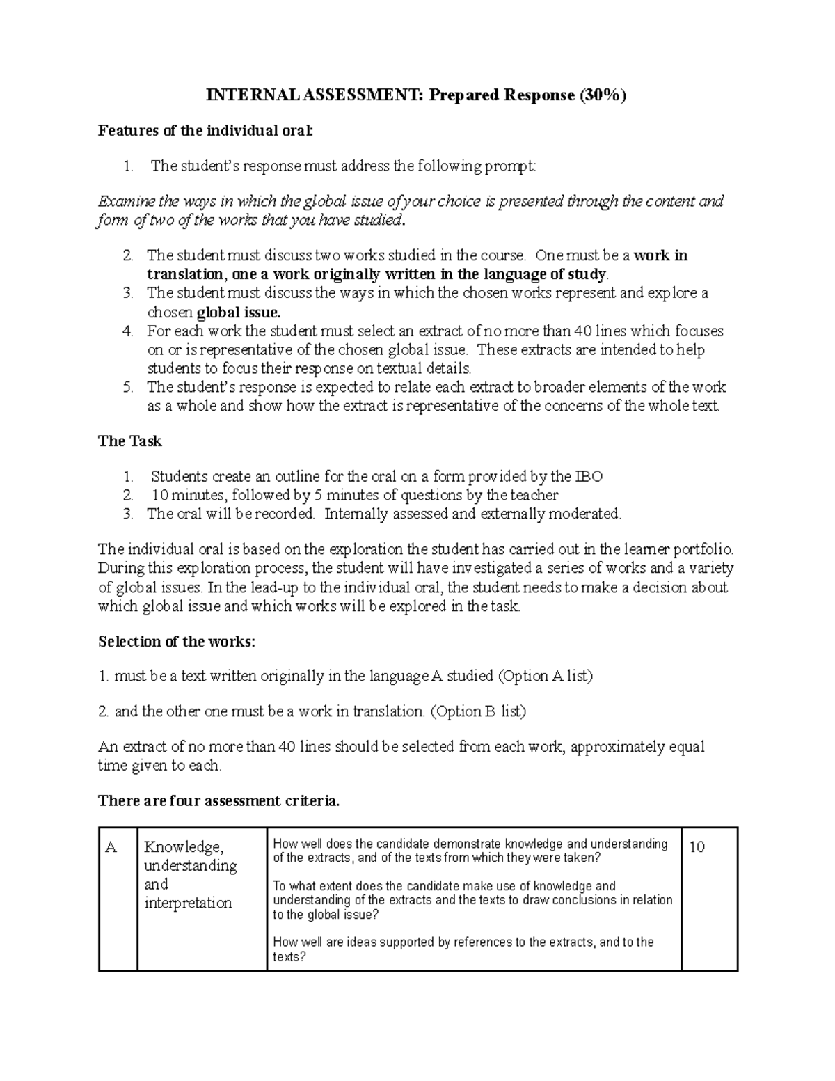 Internal Assessment Prepared Response Instructions - INTERNAL ...