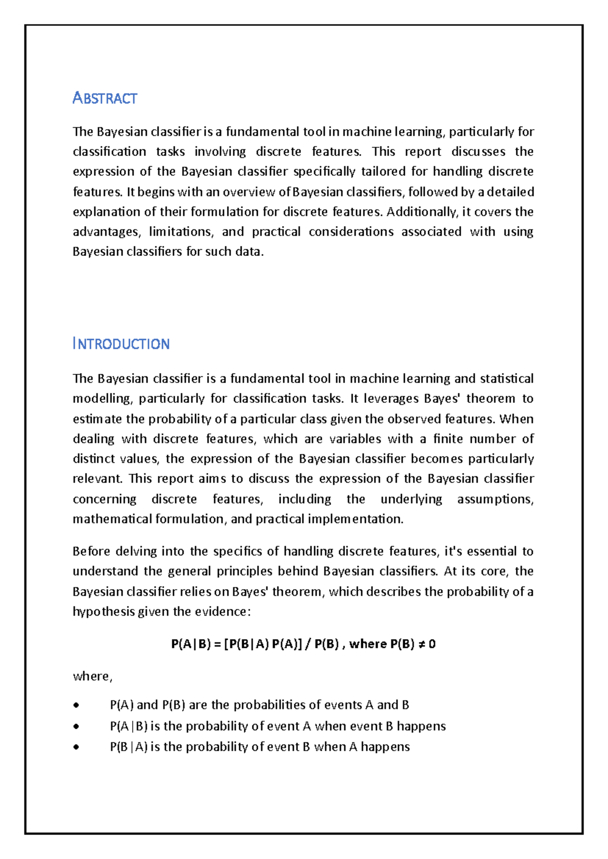 Bayesian Classifier for Discrete Features: A Comprehensive Report - Studocu
