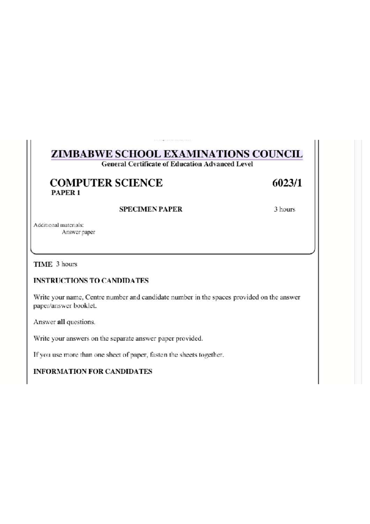 ZIMSEC A Level Computer Science Specimen Paper 1 (2023) - Studocu