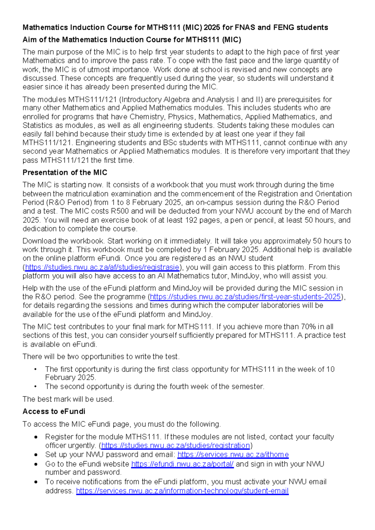 Mathematics Induction Course (MIC) for MTHS111 2025: Essential Info for ...