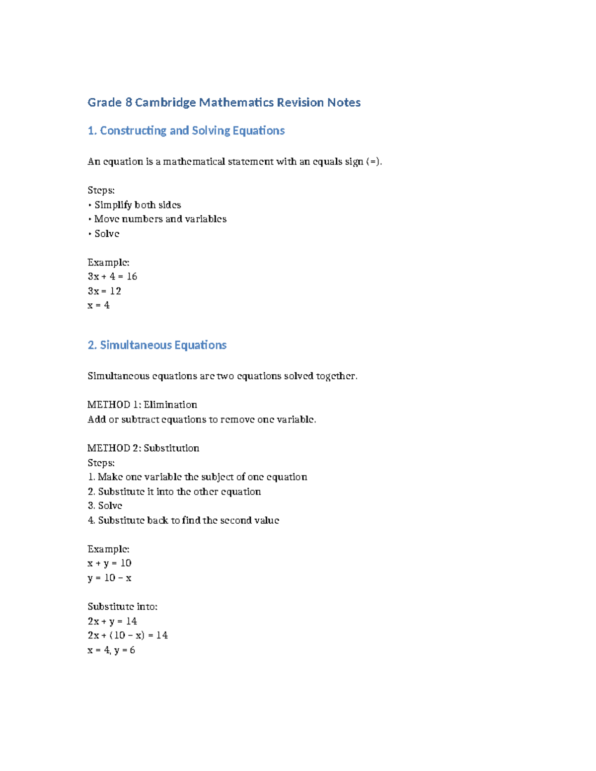Grade 8 Cambridge Math Revision Notes: Equations & Geometry - Studocu