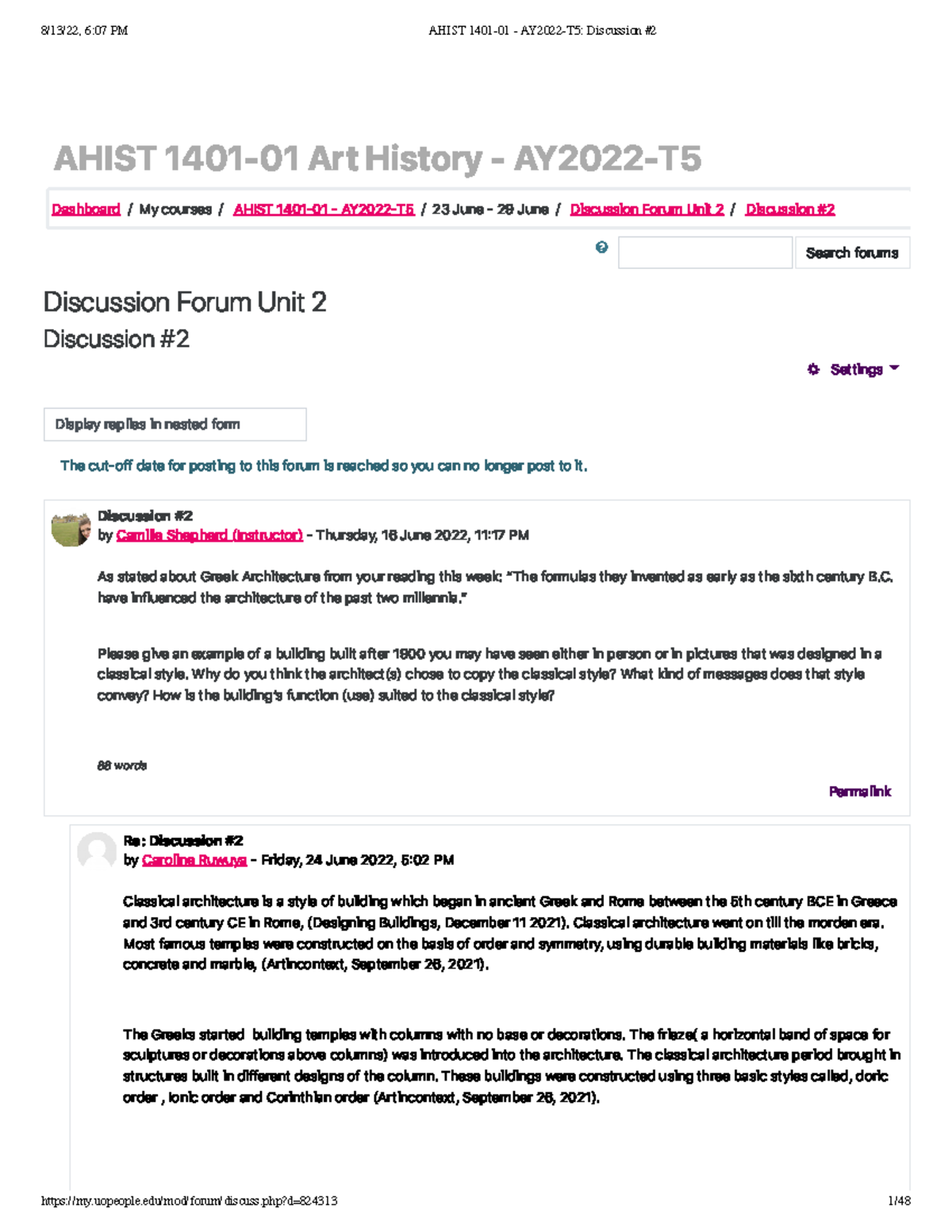 AHIST 1401-01 - AY2022-T5 Discussion #2 on Classical Architecture - Studocu